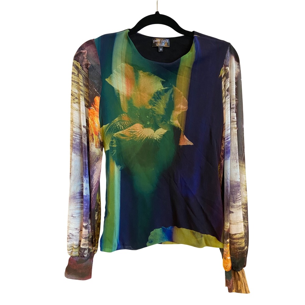 Petit Pois by Viviana G Womens Mesh Abstract Floral Blouse Blue Green Orange M